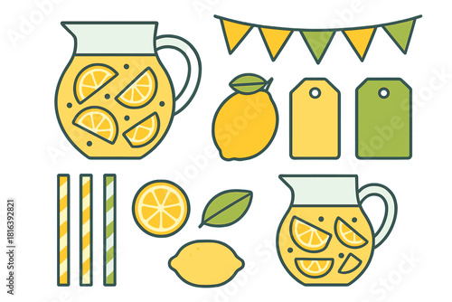Refreshing lemonade drink set with citrus fruits, party decorations, and blank tags
