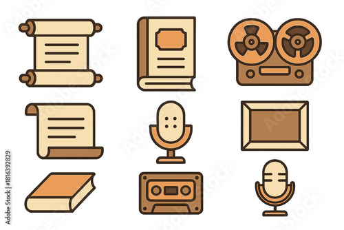 Vintage analog media and historical communication icons set with scrolls, books, microphones, and tape decks