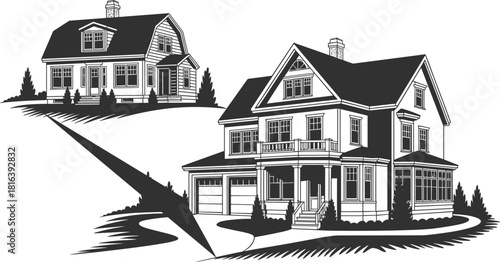 Detailed suburban house illustration set, residential home designs with porches and garages, classic architectural exterior drawings, black and white vector art