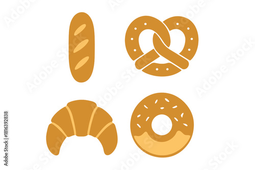 Baguette pretzel croissant and donut set of popular bakery items