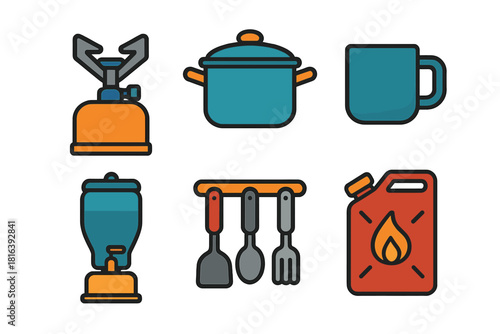 Essential camping and hiking gear including stove, pot, mug, and fuel canister