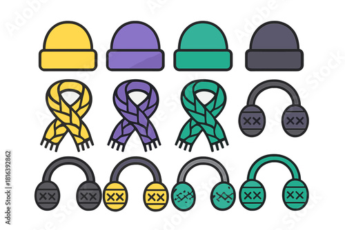 Colorful winter accessories collection: knit hats, scarves, and earmuffs