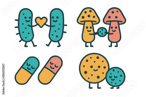Stylized characters of beneficial microbes, fungi, and medical capsules interacting
