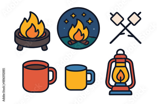 Essential camping gear symbols including campfire, lantern, mugs, and marshmallow sticks