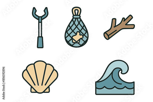 Simple icons of wave, seashell, driftwood, and tools for coastal environment cleanup