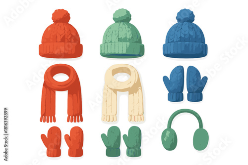 Collection of warm knitted winter accessories hats scarves mittens and earmuffs in bright colors