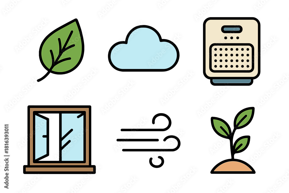 Naklejka premium Symbols for environmental protection, natural elements, air purification, and fresh air movement