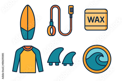 Essential surfing equipment including surfboard, leash, wax, rash guard, fins, and ocean wave graphic