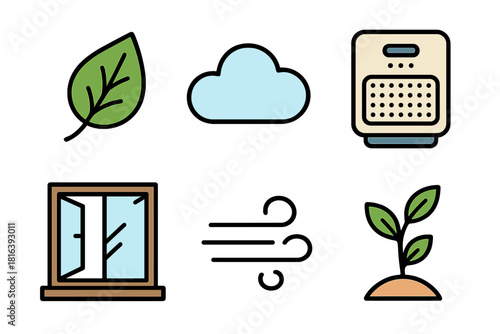 Symbols for environmental protection, natural elements, air purification, and fresh air movement
