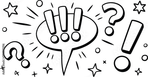 Doodle speech bubble illustration, hand-drawn exclamation and question marks with stars and bursts, expressive cartoon symbols, black and white vector