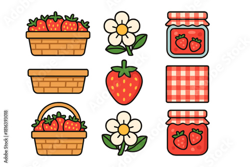 Fresh strawberries, wicker baskets, homemade jam jars, white flowers, and checkered picnic pattern elements