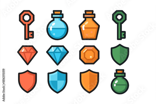 Colorful fantasy game icons set featuring keys, magic potions, shiny gems, and protective shields