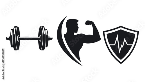 Fitness icons promoting healthy lifestyle featuring exercise dumbbell, muscular silhouette, and heart health symbol