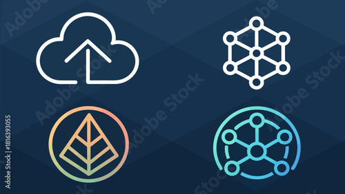Modern technology icons representing cloud computing, data networks, AI and blockchain solutions for business