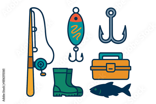 Set of essential fishing equipment including rod, reel, lure, hook, tackle box, boots, and fish outline