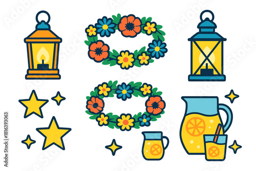 Summer celebration elements set with glowing lanterns, floral wreaths, sparkling stars, and lemonade drinks