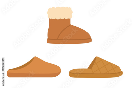 Set of cozy winter boot and comfortable house slippers for cold weather
