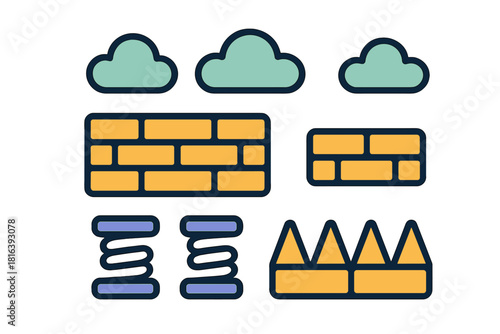 Platformer game design elements including clouds, brick walls, springs, and sharp obstacles