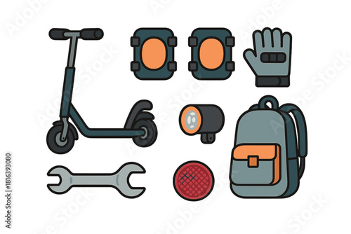 Electric scooter accessories and safety gear collection with pads, wrench, and backpack