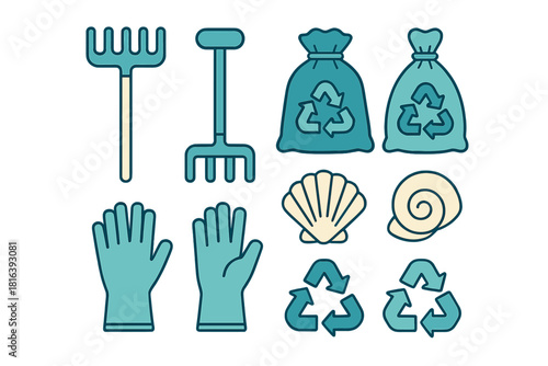 Set of tools and symbols for environmental cleanup, recycling, and beach conservation