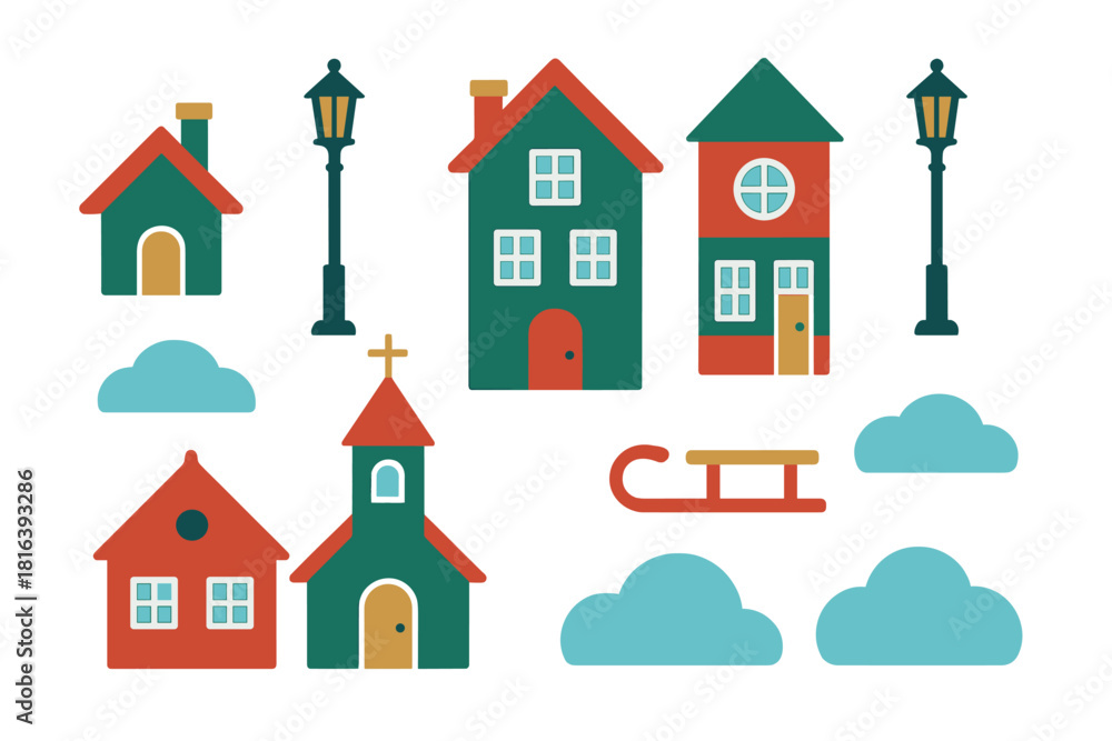 Naklejka premium Colorful winter village collection featuring houses, church, street lamps, clouds, and sleigh