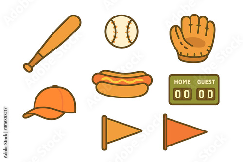 Baseball game essentials set featuring sports equipment, scoreboard, cap, and stadium food