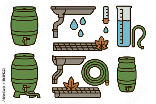 Icon set showing rainwater harvesting system elements like barrels, gutters, and hose