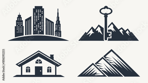 Real estate icons featuring modern city buildings, mountain peaks and homes, perfect for logo design
