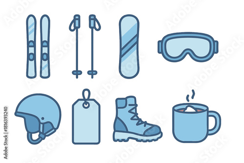 Winter sports and recreation equipment set featuring skis, snowboard, helmet, and hot drink mug