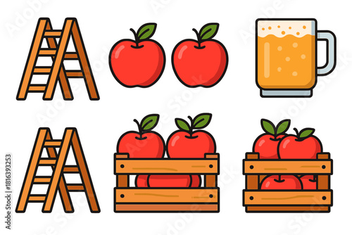 Collection of autumn harvest symbols featuring apples, wooden crates, orchard ladders, and refreshing drinks