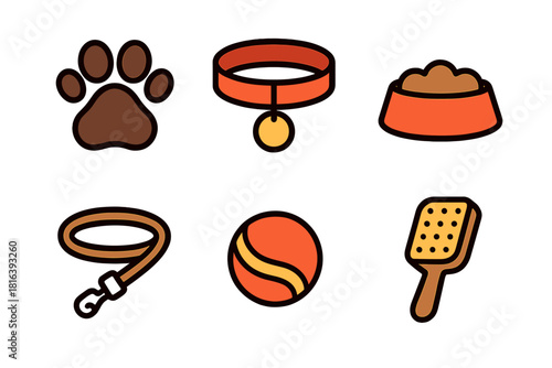 Essential collection of pet care accessories including collar leash food bowl and grooming brush
