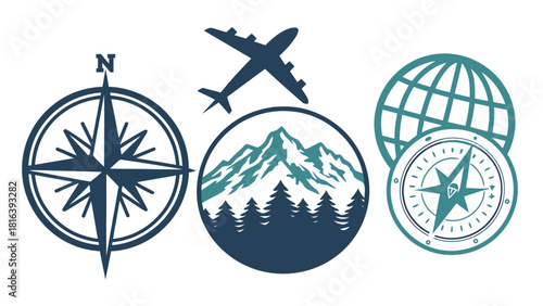Inspiring travel destinations with compass, airplane, globe icons for adventure themed projects