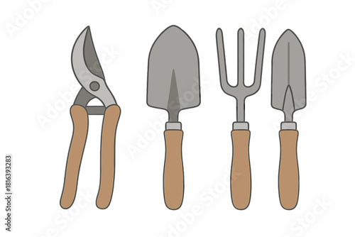 Set of essential gardening tools including hand trowel, cultivator fork, and pruning shears