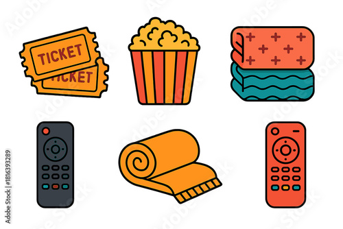 Movie tickets, popcorn, blankets, and remote controls for home cinema entertainment