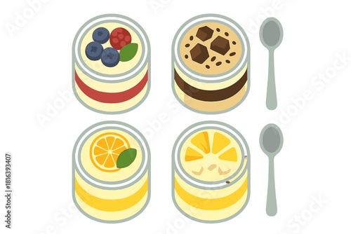 Assortment of layered dessert cups featuring fruit and chocolate flavors served with spoons