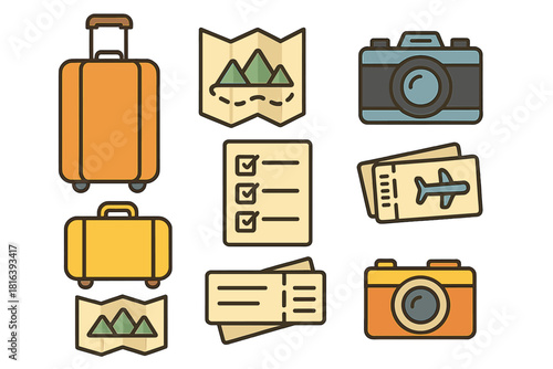 Travel and vacation planning essentials: luggage, camera, map, checklist, and airline tickets
