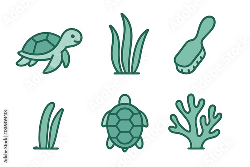 Stylized marine life symbols featuring sea turtles, aquatic plants, and coral elements