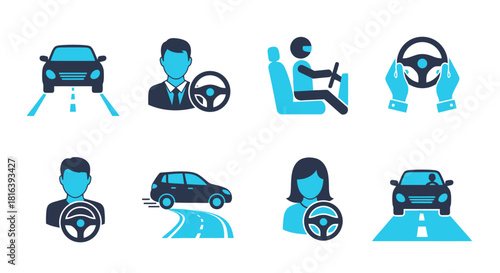 A set of flat vector icons related to driving and vehicles