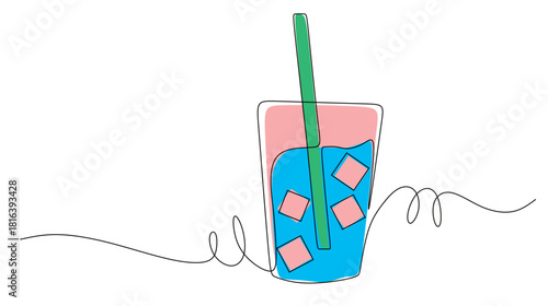 Continuous line art of a refreshing drink with a straw and ice inside. Vector illustration with attractive colors.