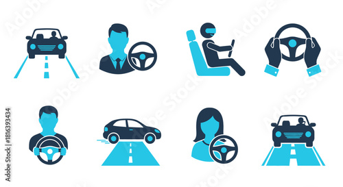 A set of flat vector icons related to driving and vehicles