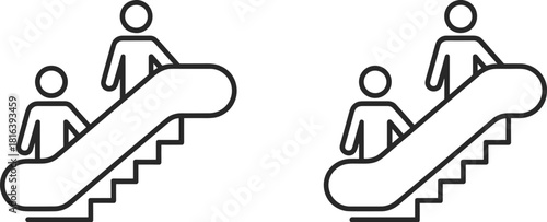 Escalator icon set, people on moving stairs, public transportation facility symbols for mall signage, airport navigation, safety instructions, wayfinding graphics