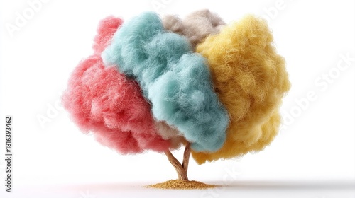 A whimsical tree with fluffy, colorful cotton-like foliage in pastel shades of pink, blue, cream, and yellow on a white background.