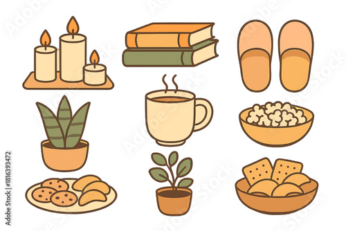 Cozy home essentials set featuring lit candles, stacked books, warm slippers, hot coffee, plants, and snacks for relaxation