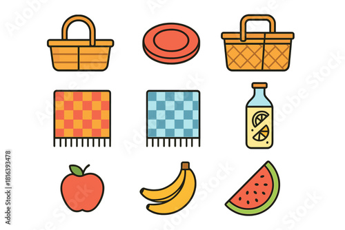 Set of outdoor summer picnic icons featuring food, drink, baskets, and checkered blankets