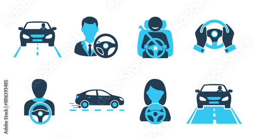 A set of flat vector icons related to driving and vehicles
