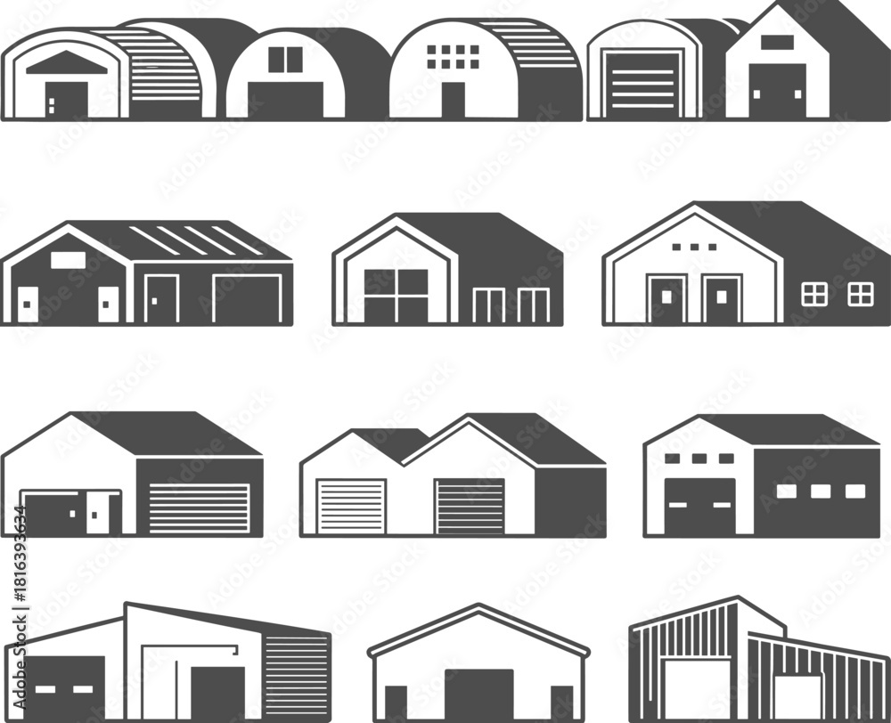 Fototapeta premium Garage and warehouse building icons collection featuring storage units, barns, industrial structures, modern garages, architectural silhouettes for construction and real estate design