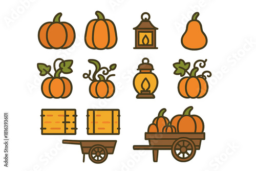 Pumpkins, gourds, lanterns, hay bales, and wooden carts for autumn harvest design