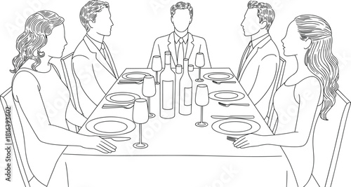 Formal dinner gathering illustration of people sitting at table, elegant dining scene, restaurant event, group meal, line art design