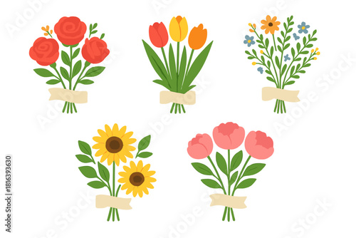 Five colorful floral bouquets featuring roses, tulips, sunflowers, peonies, and mixed wildflowers tied with ribbons