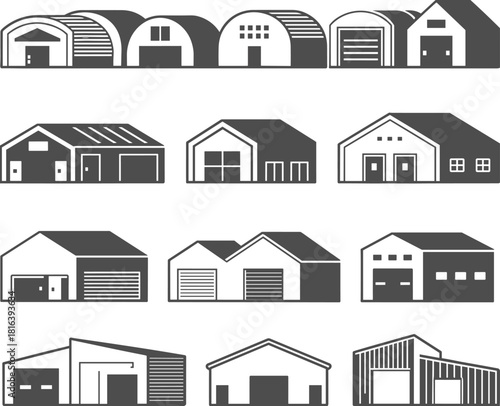 Garage and warehouse building icons collection featuring storage units, barns, industrial structures, modern garages, architectural silhouettes for construction and real estate design